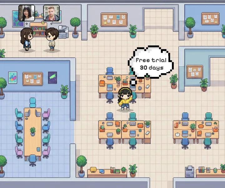 A pixel-art virtual office with teammates collaborating