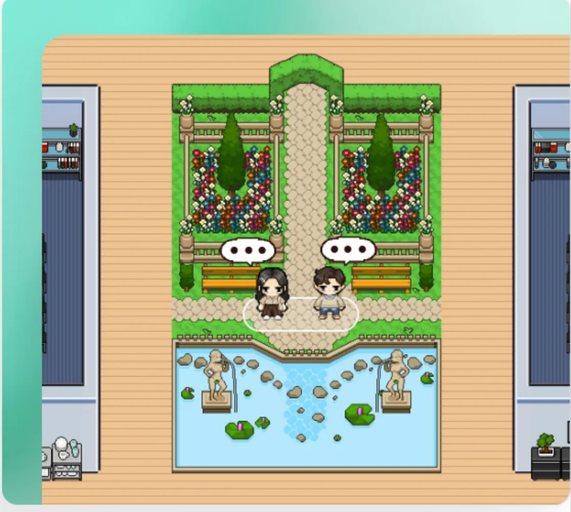 Two avatars chatting by proximity in the virtual garden
